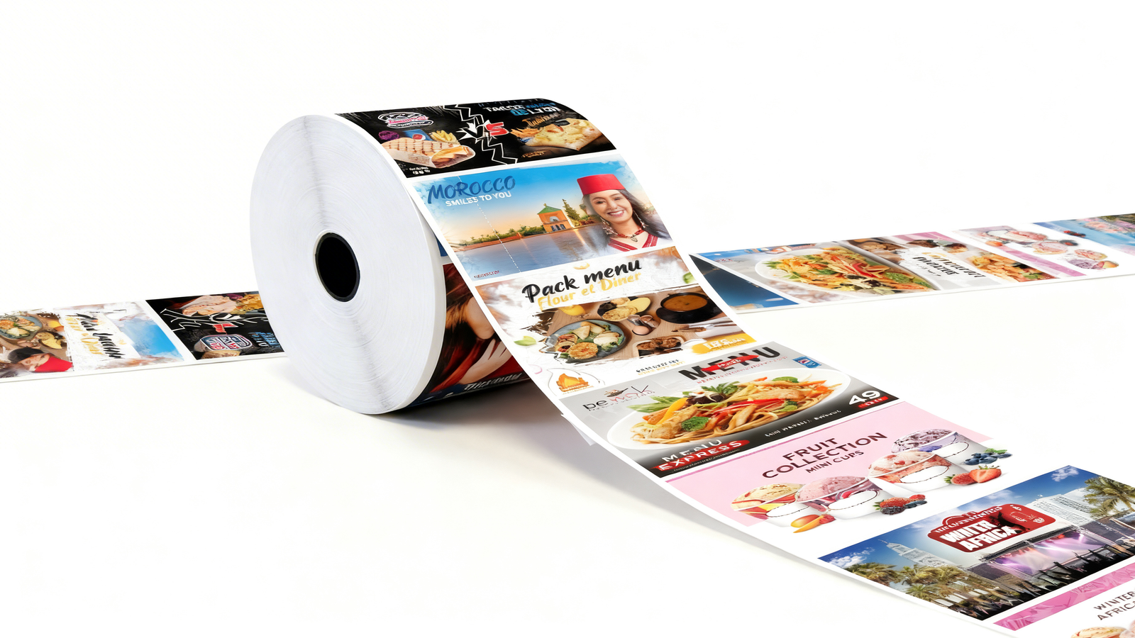 Multiples rouleaux de tickets de caisse AdPoint avec différentes publicités